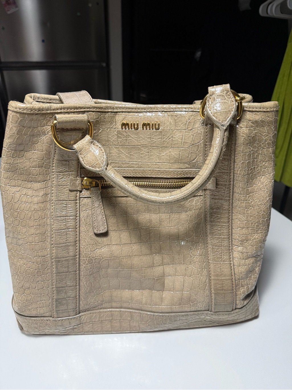 Miu Miu Croc-Embossed Beige Tote With Gold Hardware
